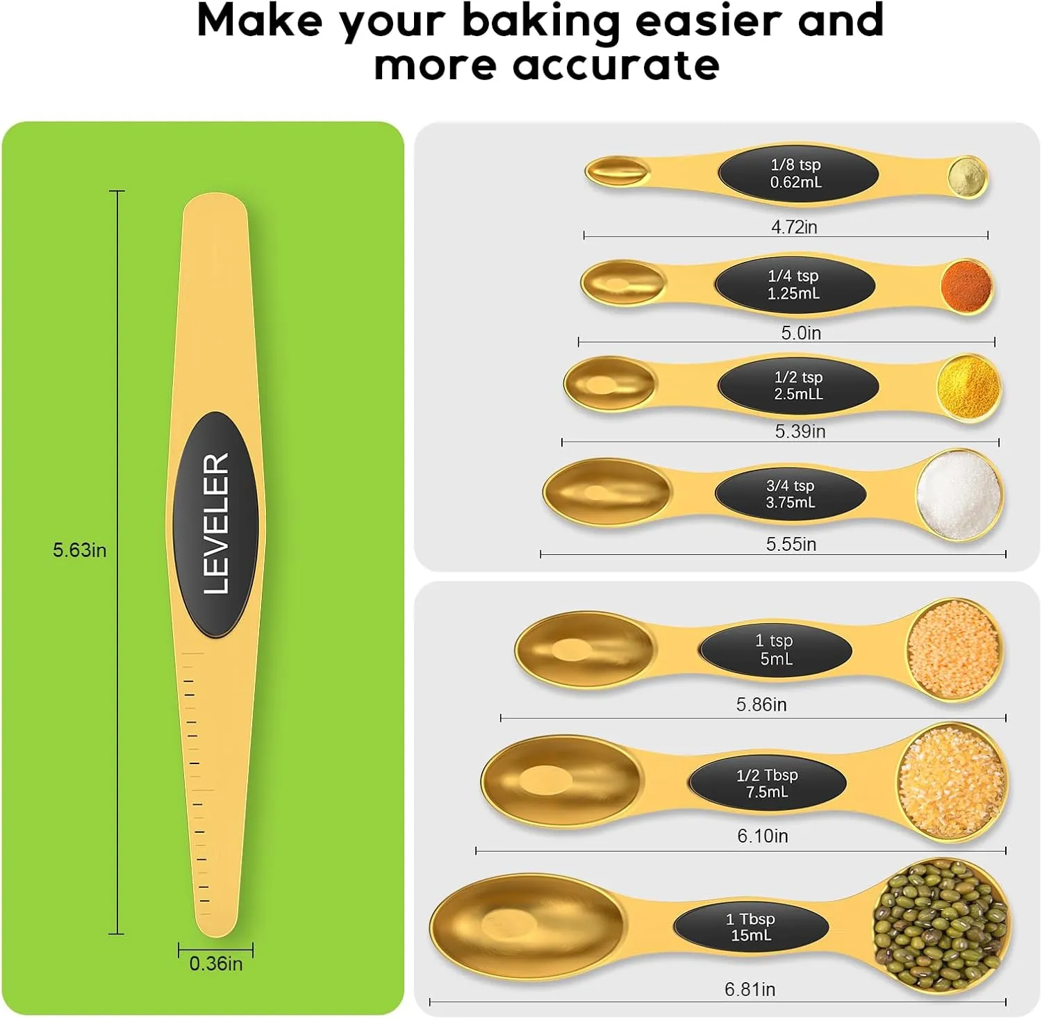 Magnetic Measuring Spoons Set with Strong N45 Magnets, Heavy Duty Stainless Steel Metal, Fits in Most Kitchen Spice Jars for Baking & Cooking, BPA Free, Multicolor, Set of 8 with Leveler(Gold)