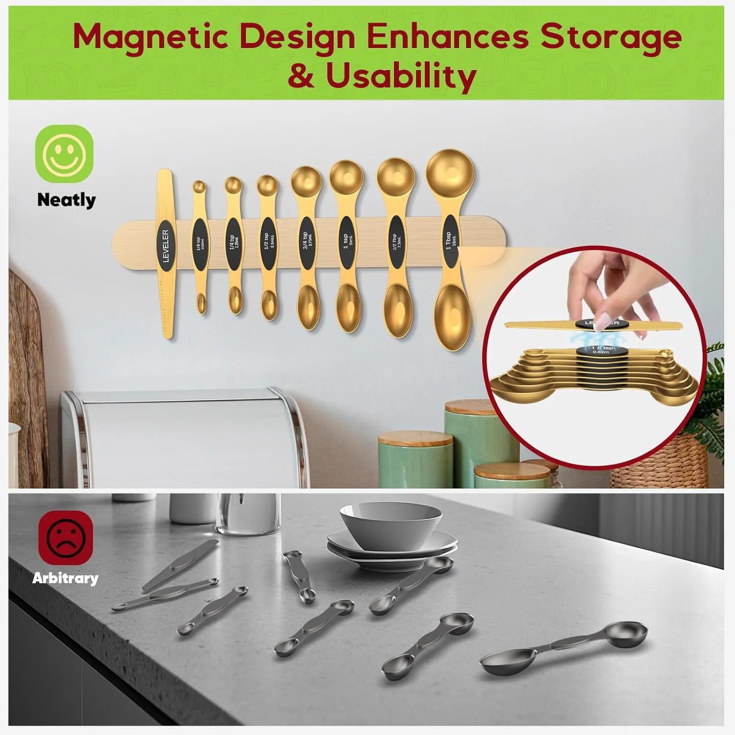 Magnetic Measuring Spoons Set with Strong N45 Magnets, Heavy Duty Stainless Steel Metal, Fits in Most Kitchen Spice Jars for Baking & Cooking, BPA Free, Multicolor, Set of 8 with Leveler(Gold)