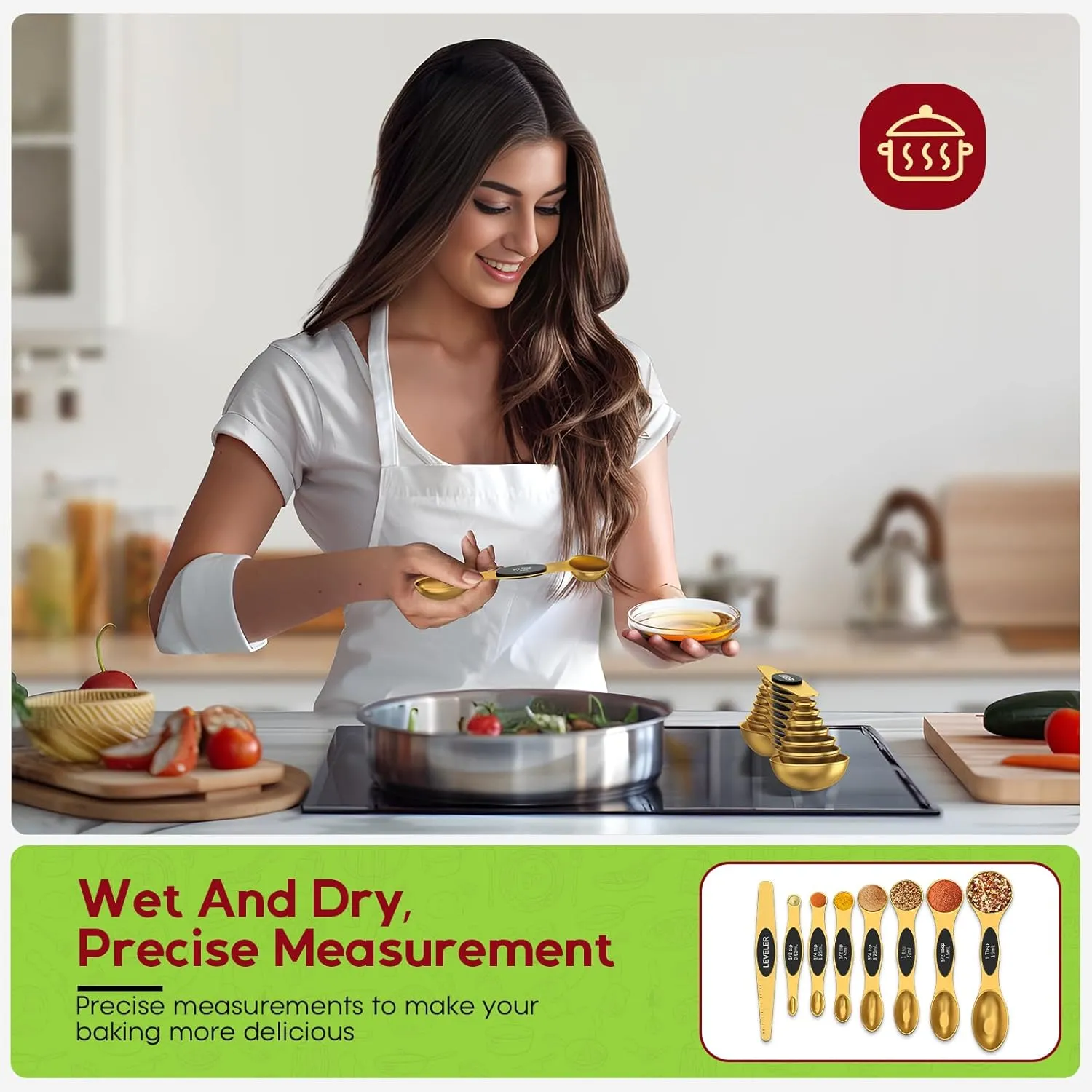 Magnetic Measuring Spoons Set with Strong N45 Magnets, Heavy Duty Stainless Steel Metal, Fits in Most Kitchen Spice Jars for Baking & Cooking, BPA Free, Multicolor, Set of 8 with Leveler(Gold)
