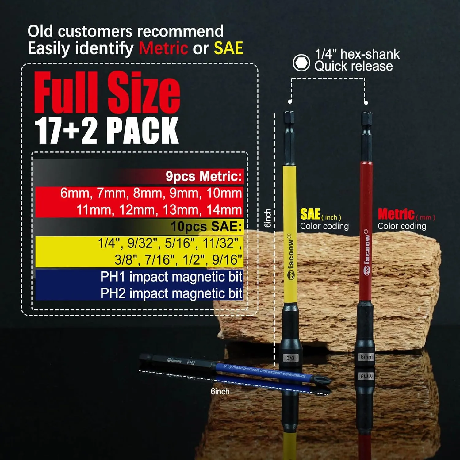 Magnetic Nut Driver Set for Impact Drill, 19 Pcs with Metric & SAE Including PH1 & PH2, 6 Inch Extra Long Nut Driver Set with Storage Case, Durable for Professional and Diy Projects