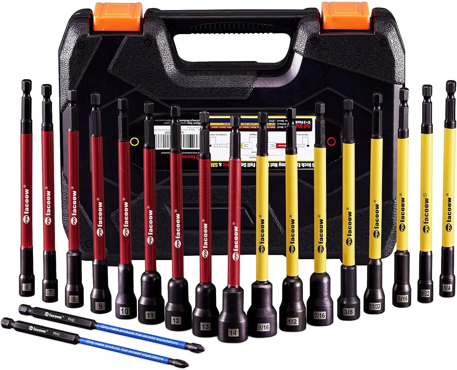 Magnetic Nut Driver Set for Impact Drill, 19 Pcs with Metric & SAE Including PH1 & PH2, 6 Inch Extra Long Nut Driver Set with Storage Case, Durable for Professional and Diy Projects