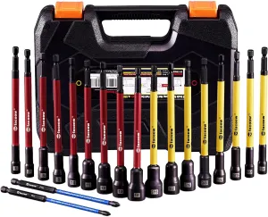 Magnetic Nut Driver Set for Impact Drill, 19 Pcs with Metric & SAE Including PH1 & PH2, 6 Inch Extra Long Nut Driver Set with Storage Case, Durable for Professional and Diy Projects