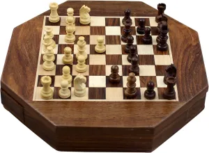 Magnetic Octangle Shape Chess Pieces Set and Wooden Board Travel Games with Storage 9 Inches - Christmas Gifts for Kids, Adults & Children