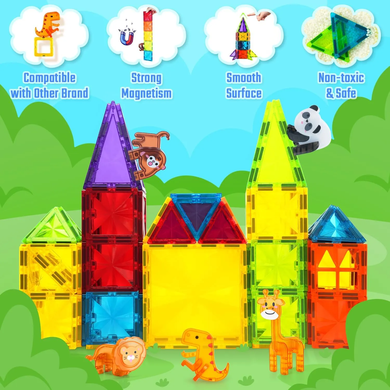 Magnetic Tiles 110PCS 3D Animals Magnet Tiles with 2 Cars Kids Magnetic Building Blocks STEM Educational Magnet Toy Construction Playboards Toys Gifts for Boys Girls Toddlers 3 4 5 6 7 8 9 Year Old