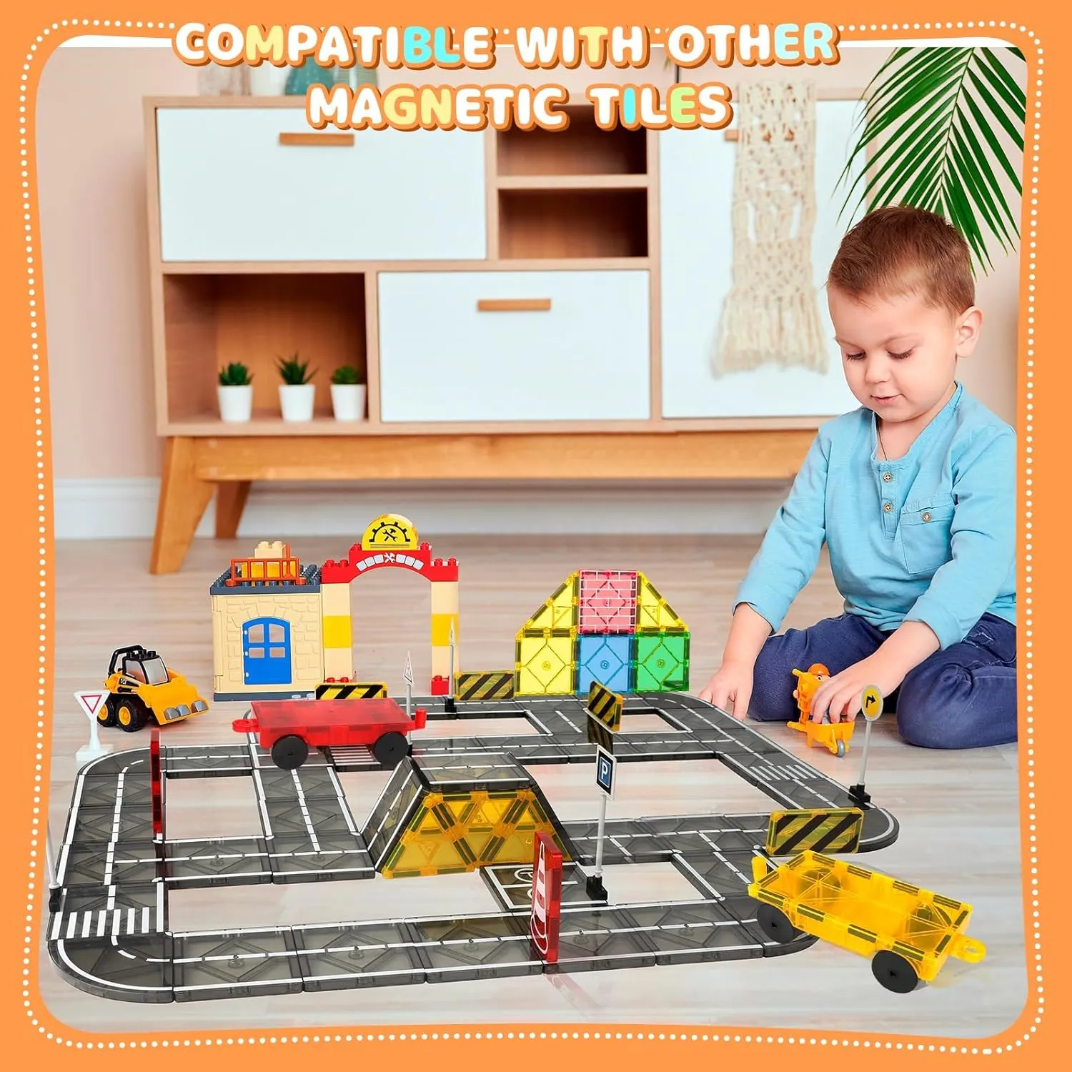 Magnetic Tiles Road Set, Magnetic Blocks Building Toys for 3  Year Old Boys Girls, Magnet Construction Toys Preschool Educational Kids Magnet Tiles for Toddlers 3-5 4-8 (Magnetic Tiles Road Set)