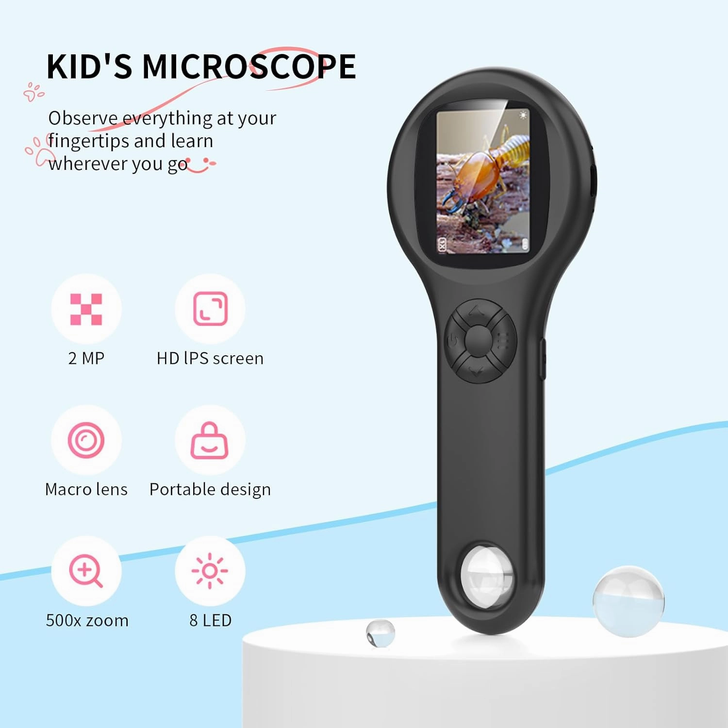 Magnifying Glass - Mini LED Pocket Microscope for Kids(3-10 Years) - Educational Science Kit Durable Design - Ideal Gift for Girls (Black)