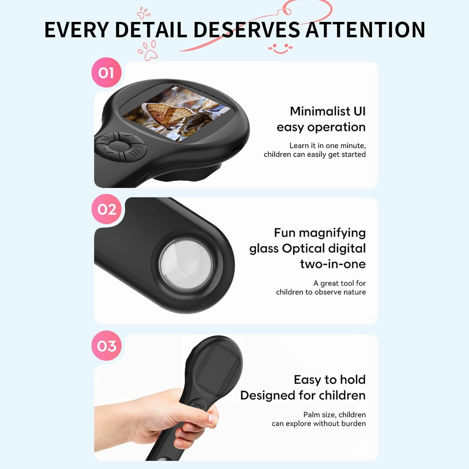 Magnifying Glass - Mini LED Pocket Microscope for Kids(3-10 Years) - Educational Science Kit Durable Design - Ideal Gift for Girls (Black)