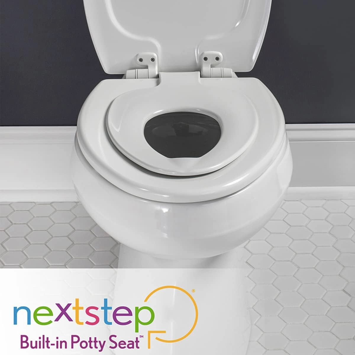 Mayfair NextStep2 Toilet Seat with Toddler Potty Training Seat Built-In, Slow Close, Easy Clean, Magnetic Removable Kids Seat, ELONGATED, White