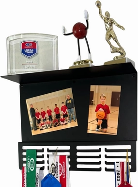 Medal Hanger Display with Trophy Shelf | 16.5" Premium Medal Holder for Wall | Metal Display Hanger | Magnetic Photo and Memorabilia Medals Display Area | Kids Medal Display for 48  | Perfect for Gift