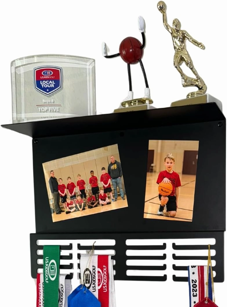 Medal Hanger Display with Trophy Shelf | 16.5" Premium Medal Holder for Wall | Metal Display Hanger | Magnetic Photo and Memorabilia Medals Display Area | Kids Medal Display for 48  | Perfect for Gift