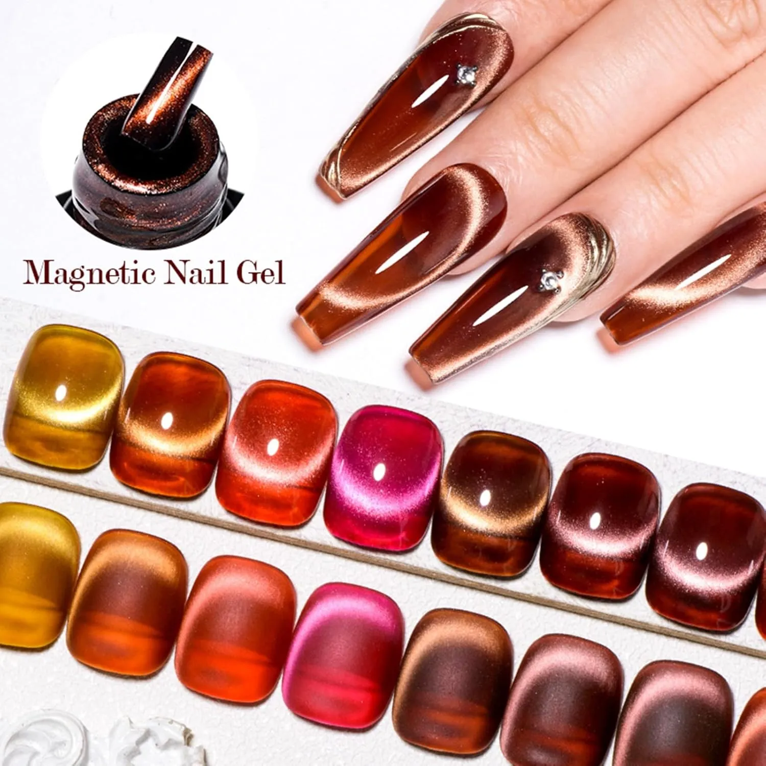 MEET ACROSS Amber Magnetic Gel Polish, Jelly Crystal Cat Eye Gel Nail Polish, Translucent Wine Red Brown Soak Off UV LED Gel Nail Salon Home Manicure Gel Polish