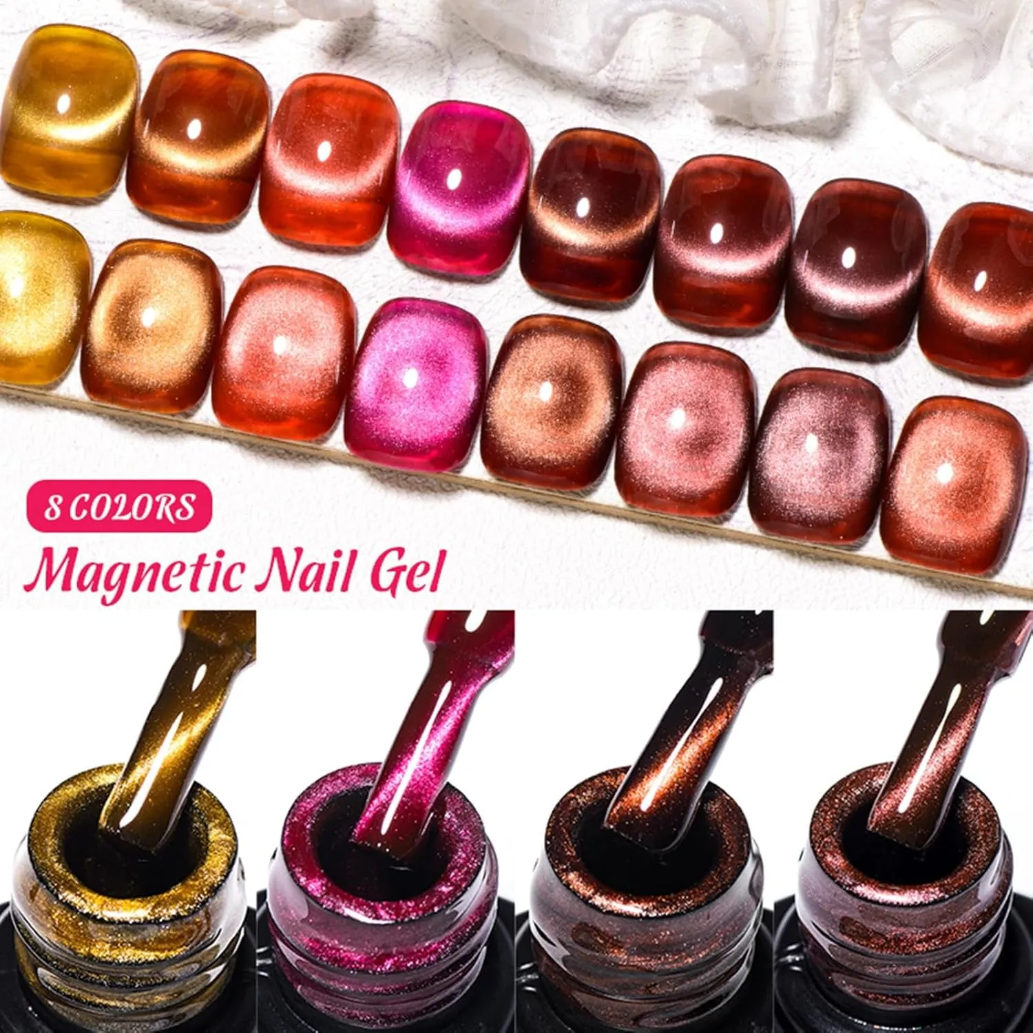 MEET ACROSS Amber Magnetic Gel Polish, Jelly Crystal Cat Eye Gel Nail Polish, Translucent Wine Red Brown Soak Off UV LED Gel Nail Salon Home Manicure Gel Polish