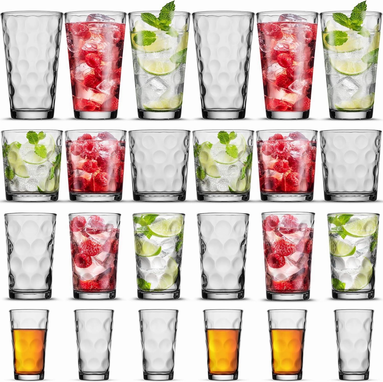 Melrose 24-Piece Family Drinking Glasses Set - Drinking Glassware Set with Highball Cooler, DOF (Double Old Fashioned), Juice Glasses and Shot Glasses - 6 Each