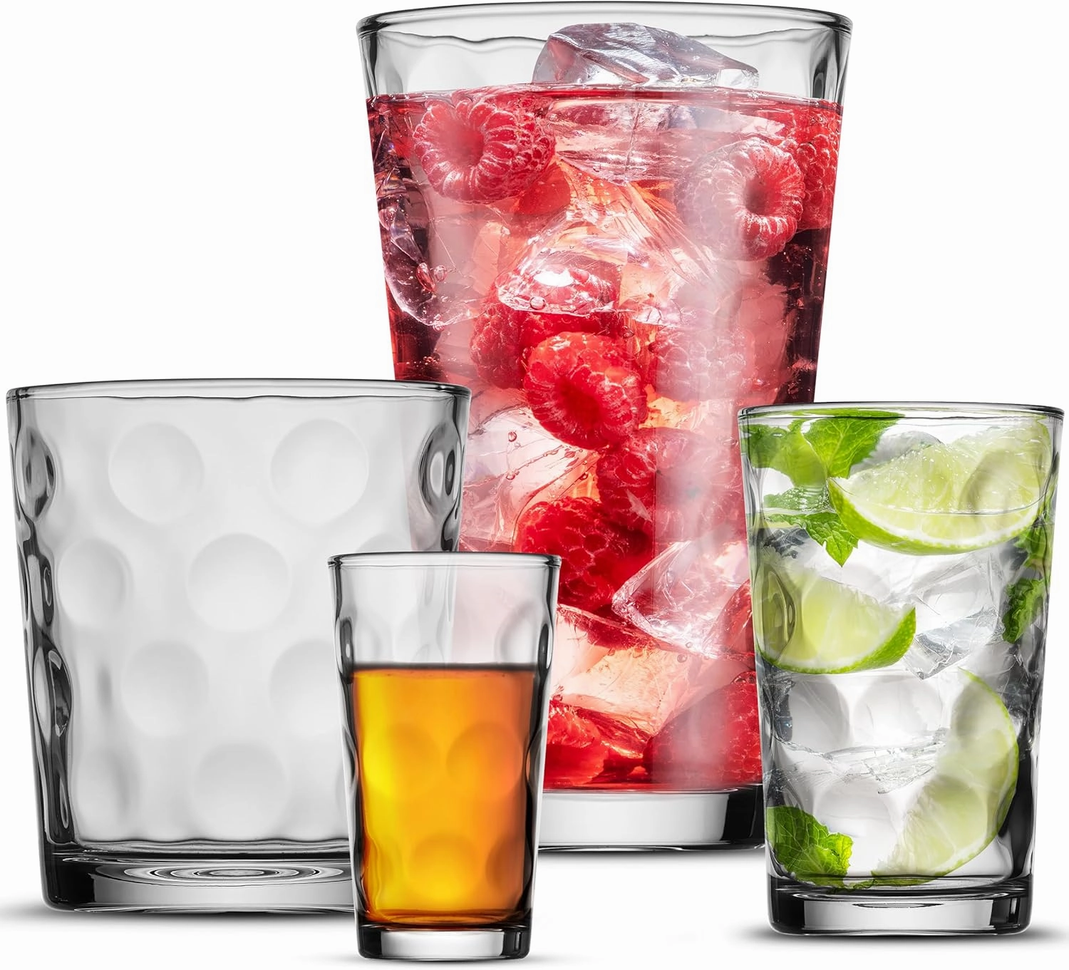 Melrose 24-Piece Family Drinking Glasses Set - Drinking Glassware Set with Highball Cooler, DOF (Double Old Fashioned), Juice Glasses and Shot Glasses - 6 Each