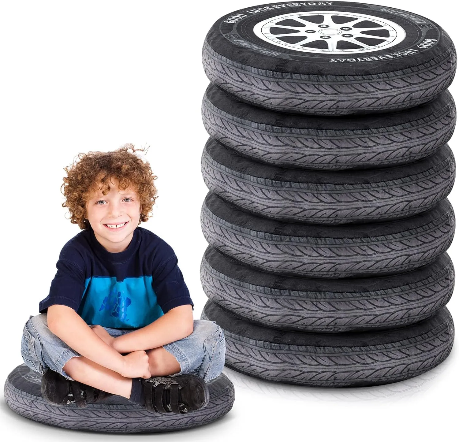 Meooeck 6 Pcs Floor Cushions for Classroom, 15.7 Inch 3D Simulation Wheel Plush Floor Pillow Car Tire Shaped Flexible Seating for Kids Classroom Elementary Funny Race Gift Home Learning Meditation