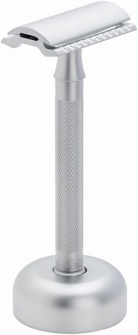 MERKUR Shaving Set 2281 Model with Stand Matt Chrome | Three-Piece Razor with Straight Cut | Ideal for Wet Shaving | Die-Cast Zinc | Brass Handle | Made in Germany