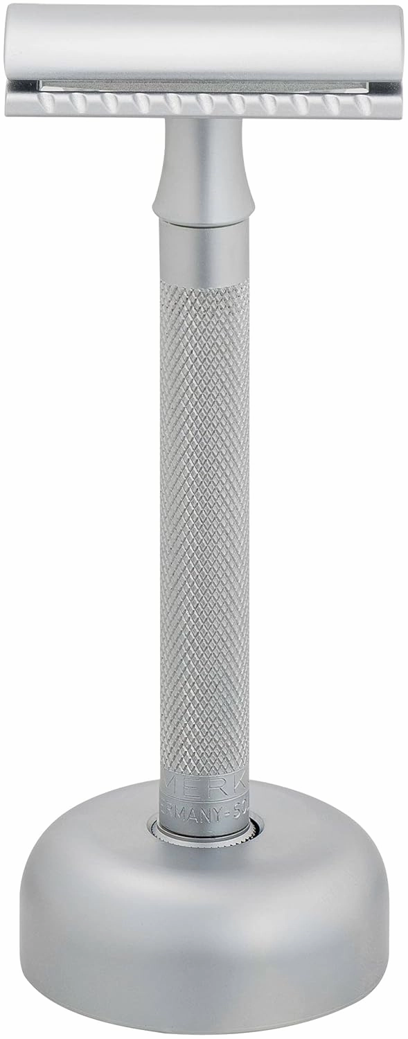 MERKUR Shaving Set 2281 Model with Stand Matt Chrome | Three-Piece Razor with Straight Cut | Ideal for Wet Shaving | Die-Cast Zinc | Brass Handle | Made in Germany
