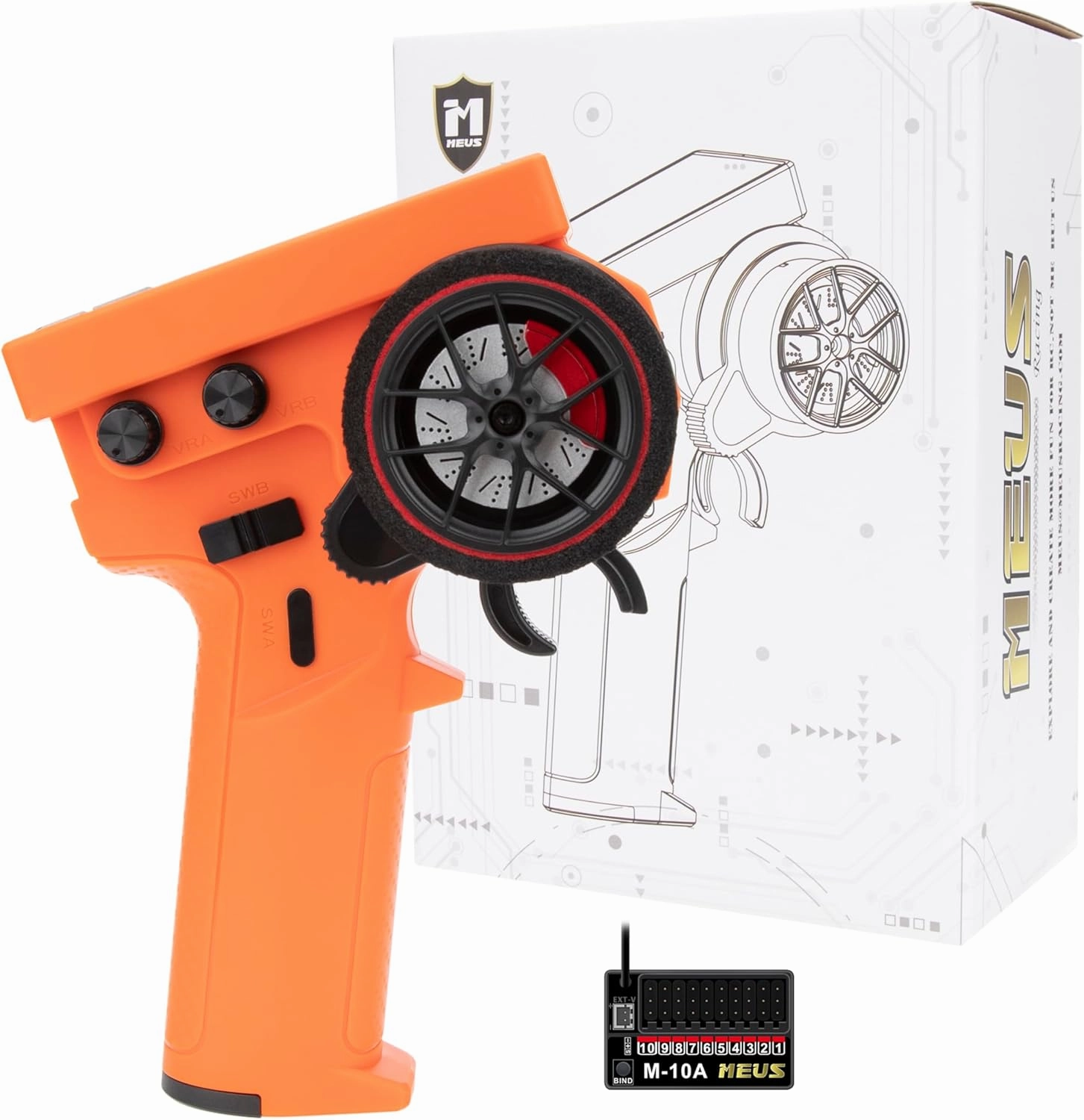 MEUS RACING ME-10B RC Transmitter 10 Channels 2.4GHz and Receiver with Coach Mode for 1/8 1/10 1/18 1/24 RC Crawler Car Boat TRX4 TRX4M SCX10 SCX24 Upgrades Parts (Orange)
