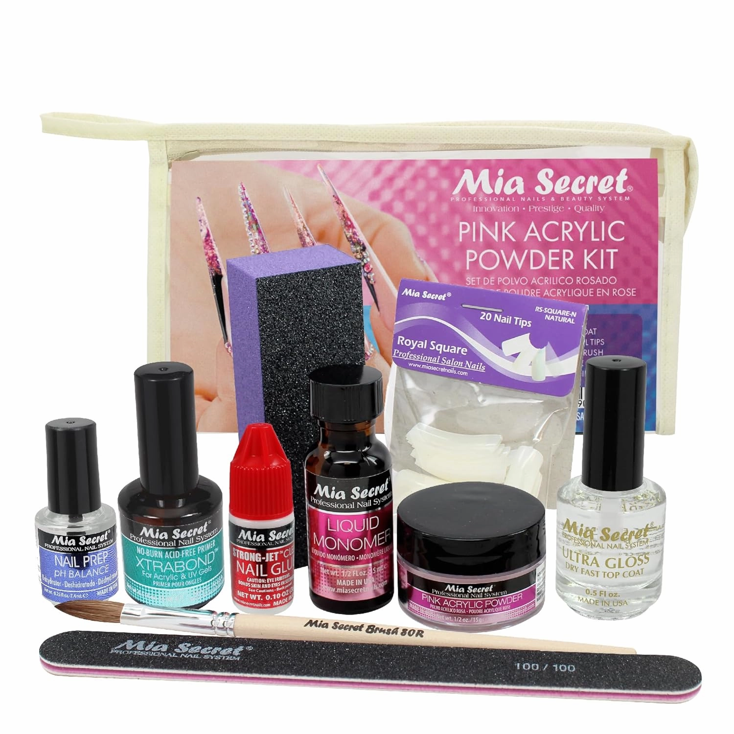 MIA SECRET Pink Acrylic Nail Kit - Full Kit With Powder, Liquid Monomer, Primer, Glue, Top Coat, 20 Nail Tips, Brush, Emery Block, File
