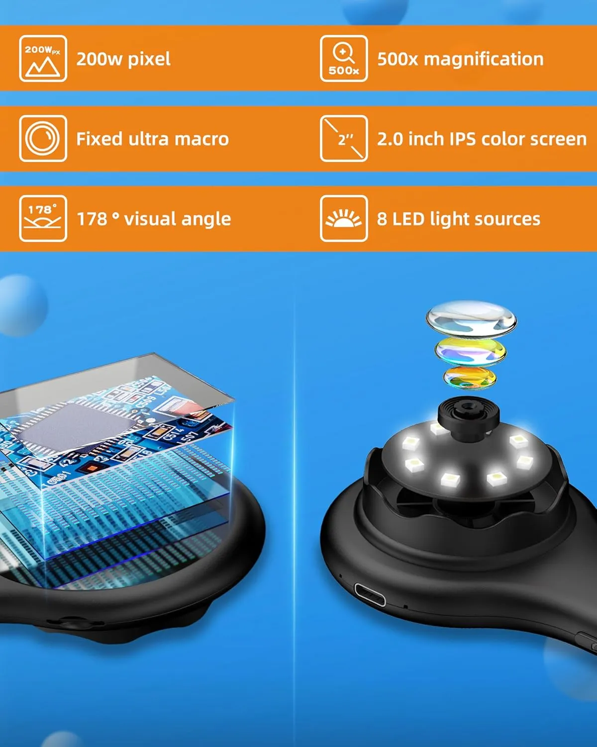 Microscope for Kids, Educational Science Kit Toys Handheld Digital Magnifying Glass Camera, Macro Fixed Focus Kid Mini Microscopes 500x Magnification,4X Zoom, Interactive Learning