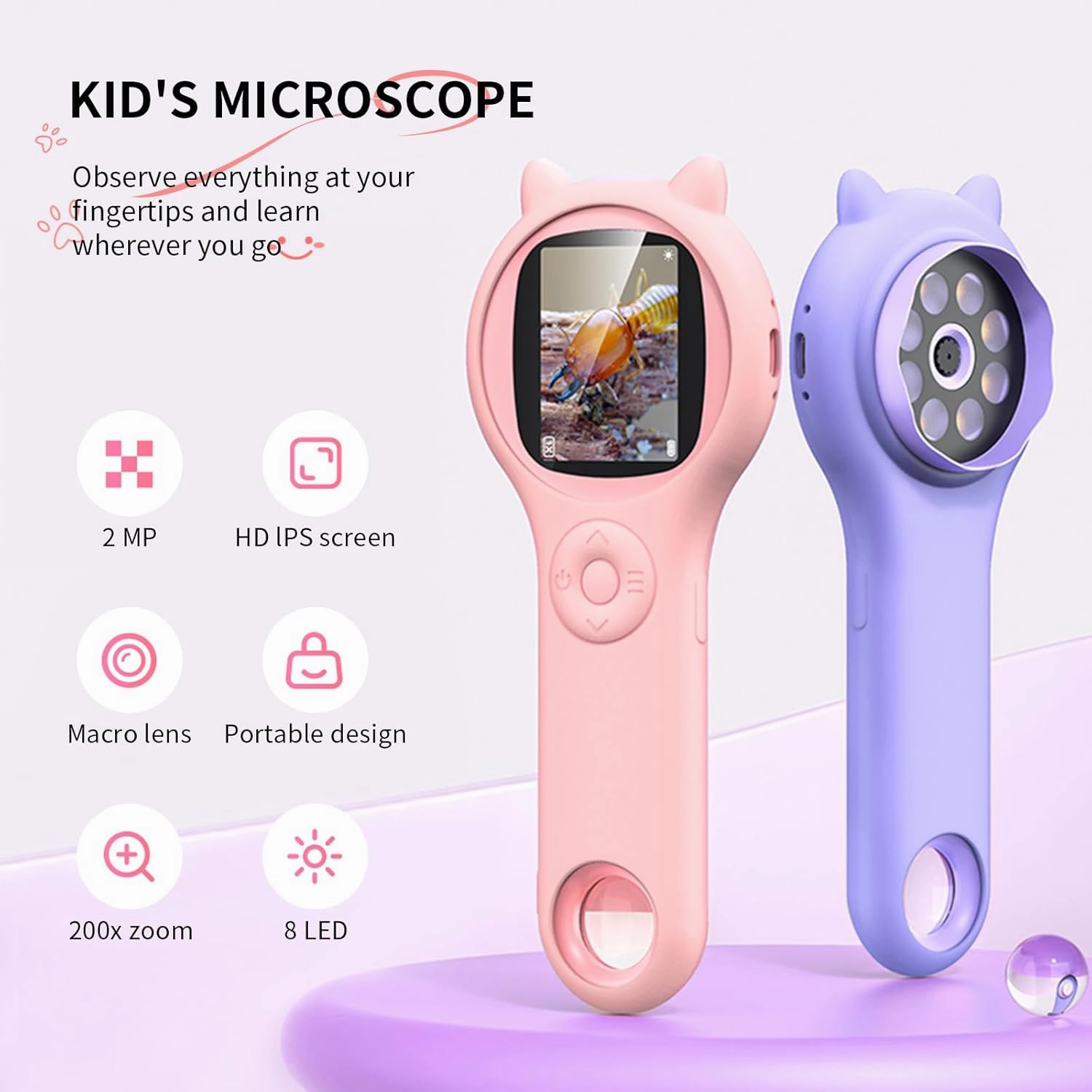 Microscope for Kids - Mini Pocket Handheld Microscope for Toddlers-STEM Educational Science Kit Toys for Christmas Birthday Gifts Toys for 3 4 5 6 7 8 9 10 Year Old Girls（Purple）