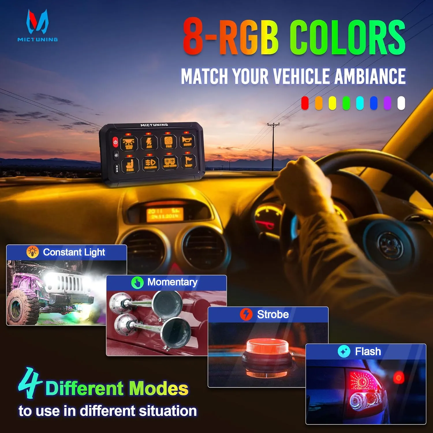 MICTUNING Upgraded P1s-X RGB 5 Inch 8 Gang Switch Panel, Multifunction Toggle Momentary Strobe Pulsed Switch Pod, 5-Level Brightness Circuit Control Relay System Box for Truck RV Offroad