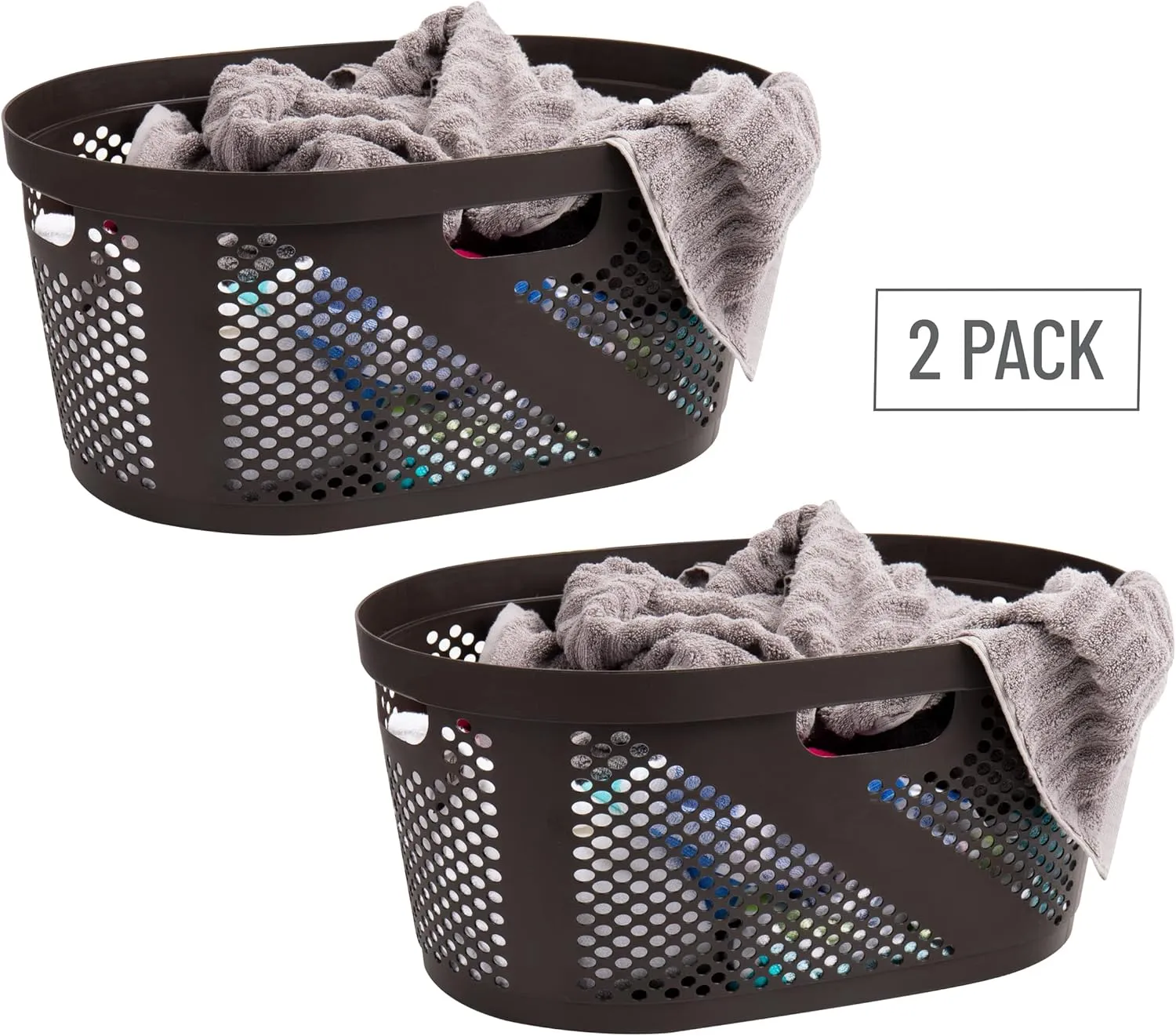 Mind Reader 40L Laundry Basket, Clothes Hamper, Ventilated, Plastic, 23"L x 14.5"W x 10.5"H, Set of 2, Brown