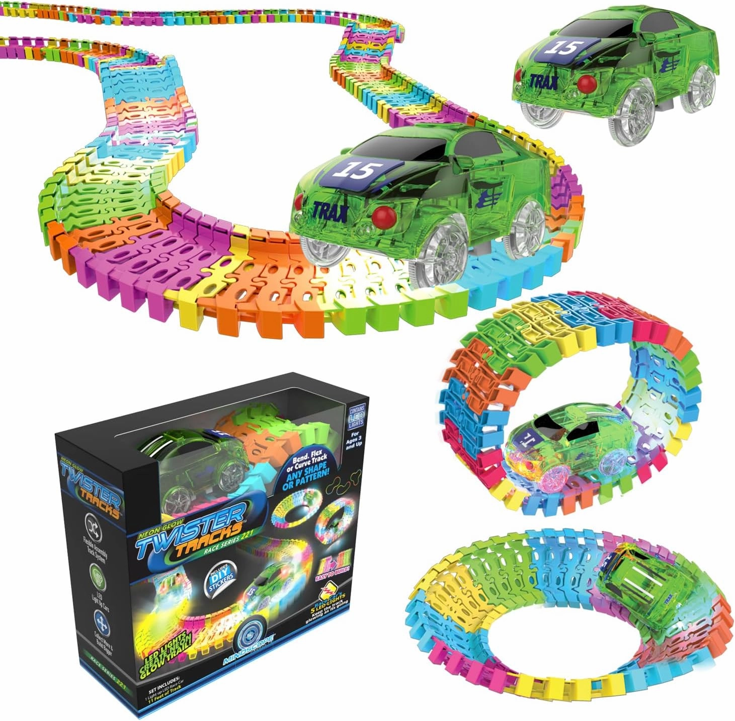Mindscope Twister Tracks Neon Glow in The Dark 221 Piece (11 feet) of Flexible Assembly Track Race Series