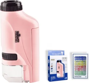 Mini Microscope for Kids，2025 New Kids Microscope Handheld with Led Lights，Miniscope Portable Microscope Kids with 12 Slides Specimens，Pocket Microscope Your Little Scientist Miniscope (Pink)