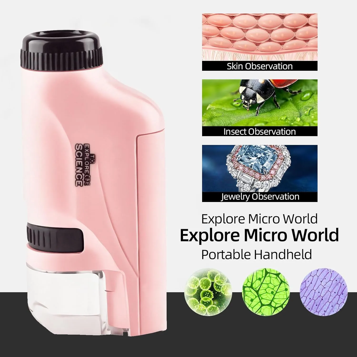 Mini Microscope for Kids，2025 New Kids Microscope Handheld with Led Lights，Miniscope Portable Microscope Kids with 12 Slides Specimens，Pocket Microscope Your Little Scientist Miniscope (Pink)