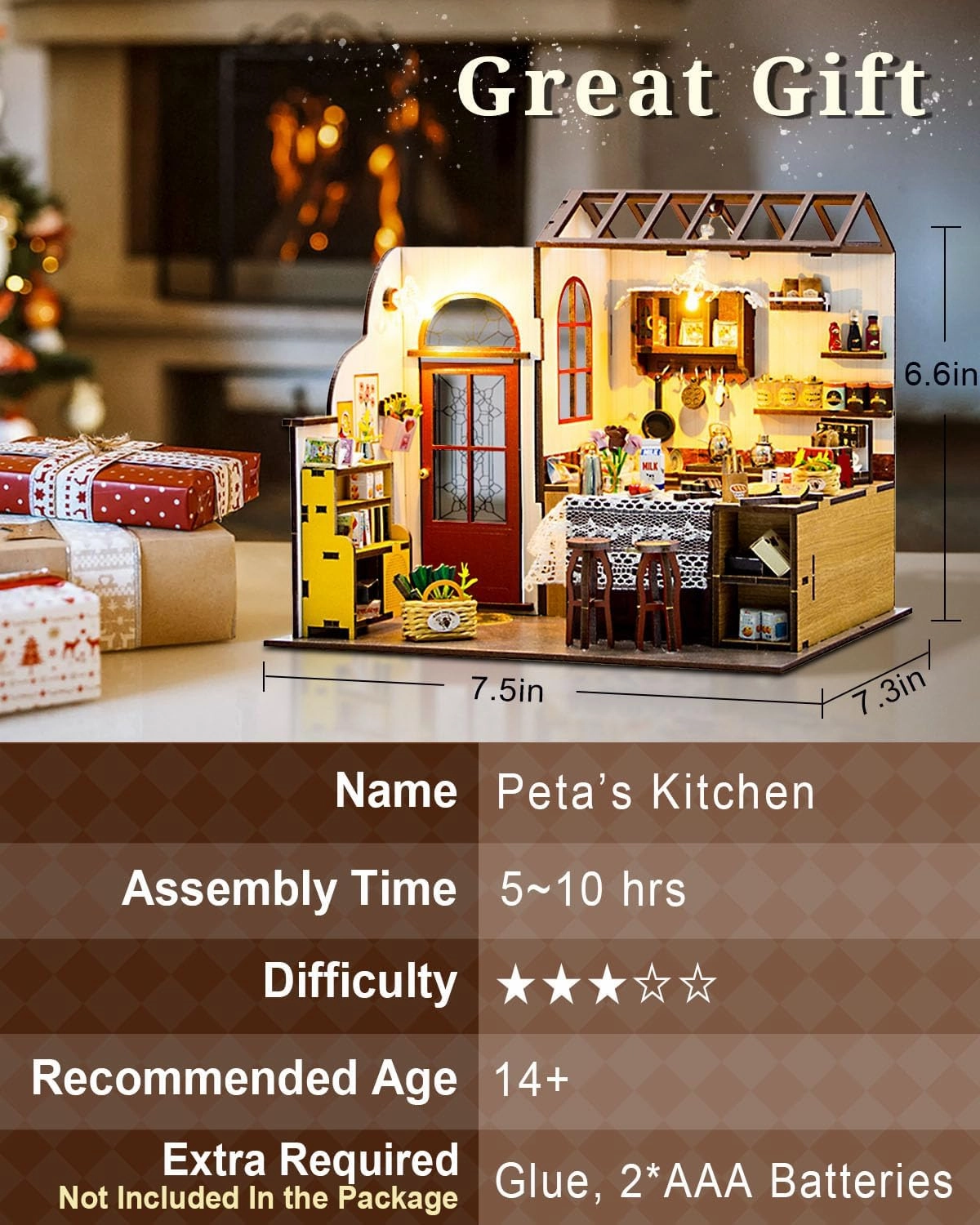 Miniature House Kit – Peta’s Kitchen, DIY Dollhouse with Furniture & LED, Wooden Tiny House Craft Gift for Adults Women Teens