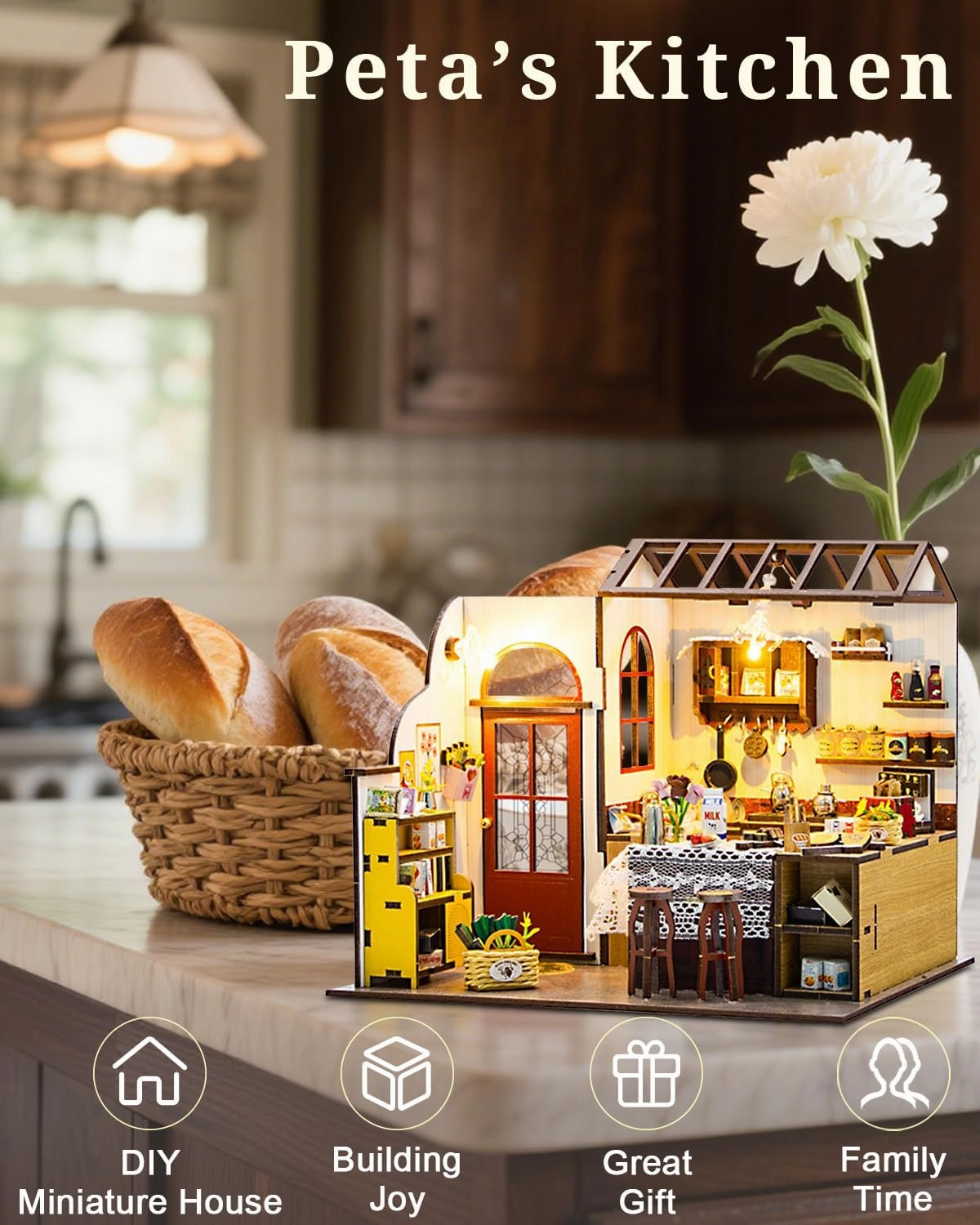 Miniature House Kit – Peta’s Kitchen, DIY Dollhouse with Furniture & LED, Wooden Tiny House Craft Gift for Adults Women Teens