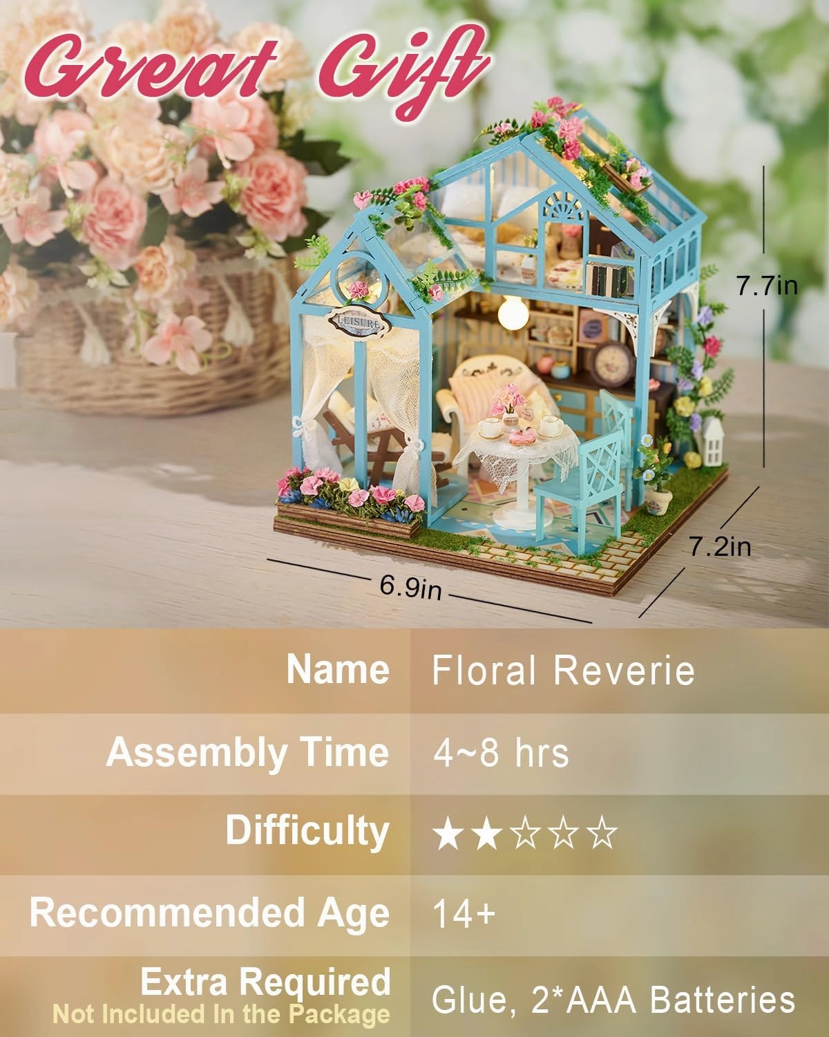 Miniature House Kit Floral Reverie, DIY Tiny House with Furniture & LED Lights, Miniature Dollhouse Kit for Adults & Teens, Creative Decoration Gift for Family Friends