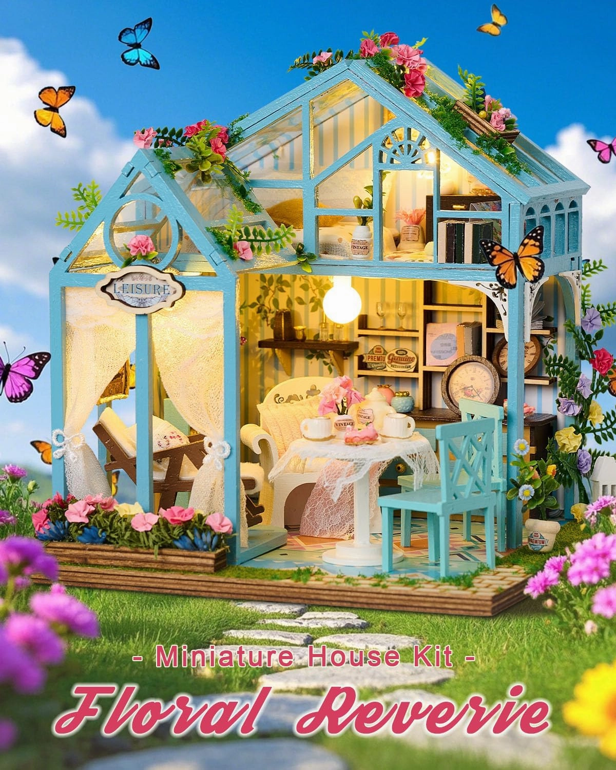 Miniature House Kit Floral Reverie, DIY Tiny House with Furniture & LED Lights, Miniature Dollhouse Kit for Adults & Teens, Creative Decoration Gift for Family Friends