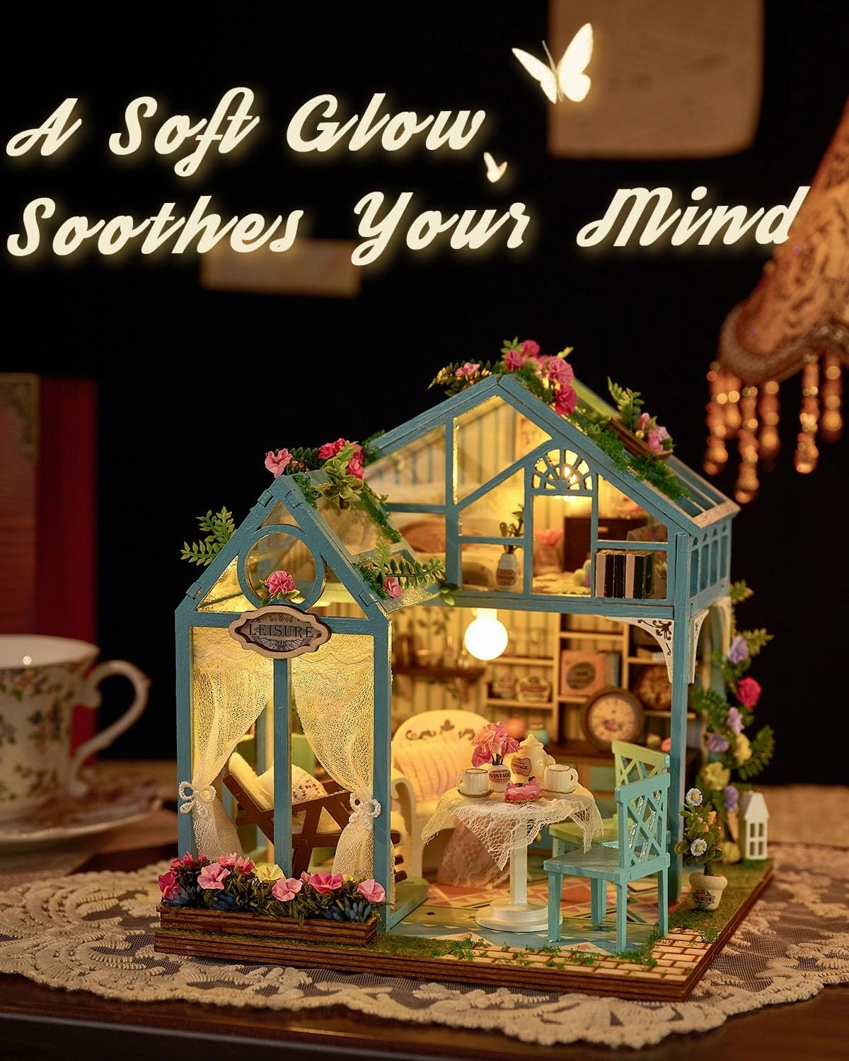 Miniature House Kit Floral Reverie, DIY Tiny House with Furniture & LED Lights, Miniature Dollhouse Kit for Adults & Teens, Creative Decoration Gift for Family Friends