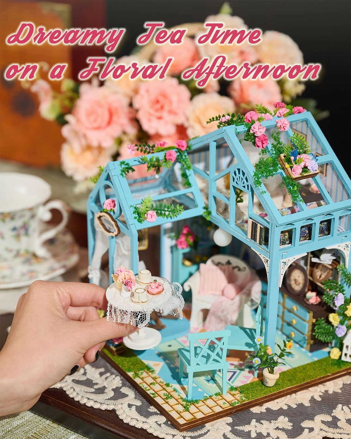Miniature House Kit Floral Reverie, DIY Tiny House with Furniture & LED Lights, Miniature Dollhouse Kit for Adults & Teens, Creative Decoration Gift for Family Friends