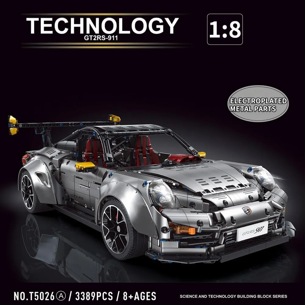 MISINI T5026A 911 Sports Car Building Blocks Set, 1:8 Scale Super Car Building Kit with Electroplated Metal Parts, Collectible Creative Building Toys for Adults (3389 Pieces)