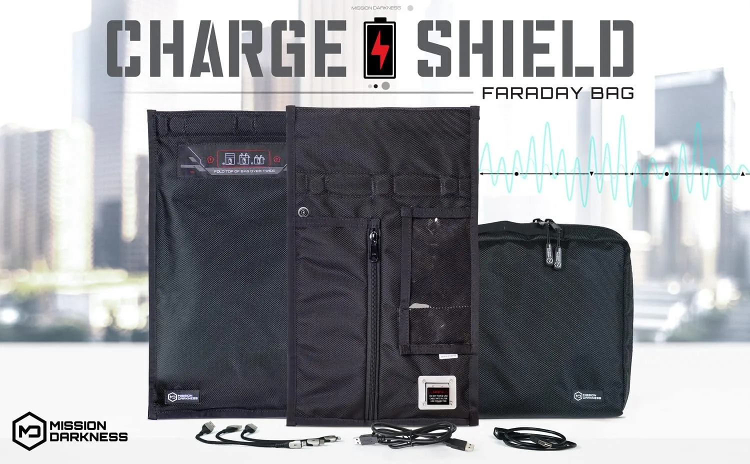 Mission Darkness Non-Window Charge & Shield Faraday Bag for Tablets // Includes USB Filter and Cable Set for Data Extraction and Charging Devices While Shielded from RF Signals
