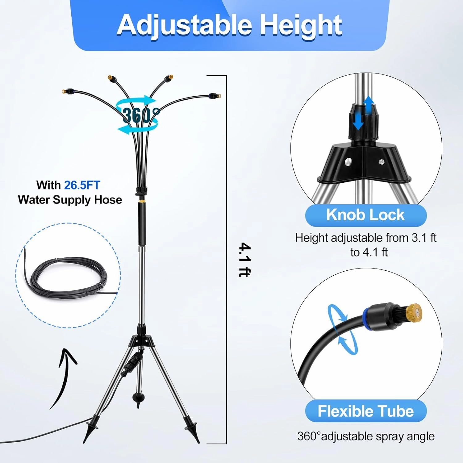 Mister System,Stand Misting Cooling System 4.1FT,Upgrade Portable Four Spary Nozzles,Flexible Mister for Patio Pool BBQ Cooling Kids Water Playing