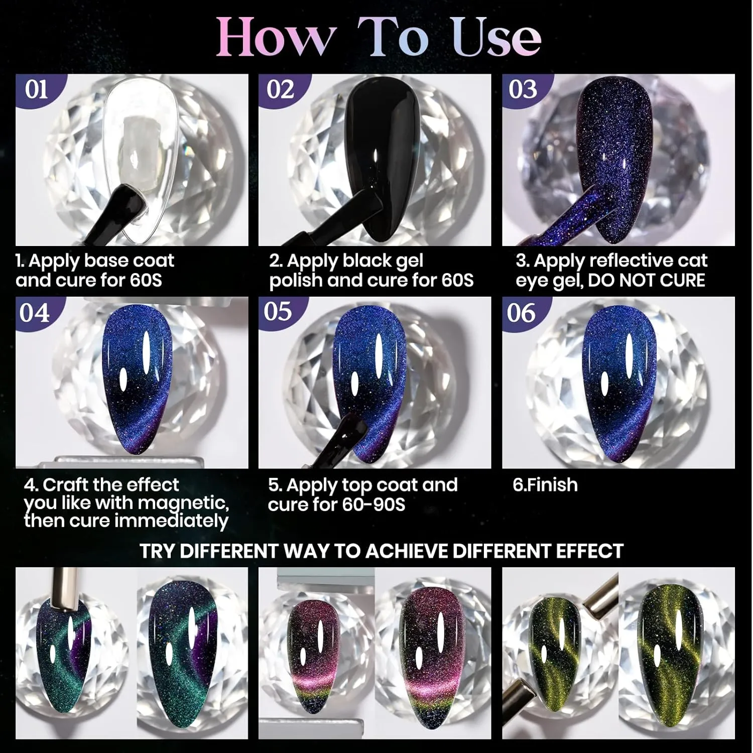 MIZHSE Reflective 9D Cat Eye Gel Nail Polish, Glitter Magnetic Gel Polish Set with 2 Magnet Sticks, Chameleon Magic Effect Holographic Cateye Nail Polish Soak Off Nail Art Gift
