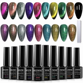 MIZHSE Cat Eye Gel Nail Polish 10 Colors, Magnetic Gel Polish Set with Magnet Stick, Holographic Shimmery Galaxy Effect Cat Eye Nail Polish Soak Off Nail Art Manicure Kit Gift for Women
