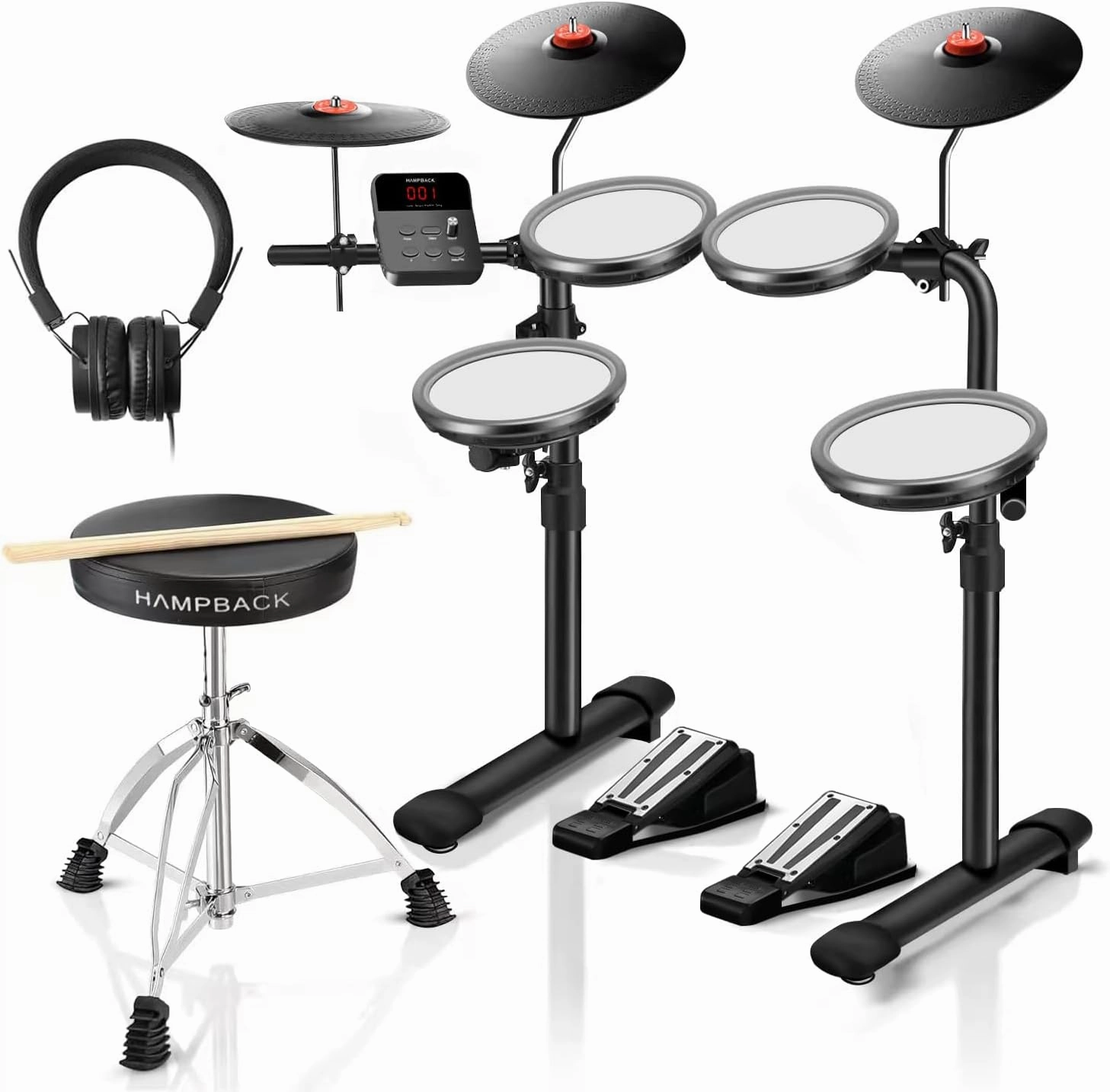 MK-0 Electric Drum Set with 7'' Quite Mesh Drum Pads, 8'' Full Rubber Cymbals, 12 Kits and 68 Authentic Sounds, USB MIDI, Throne, Sticks, Headphone, 2 Switch Pedals for Beginners & Kids