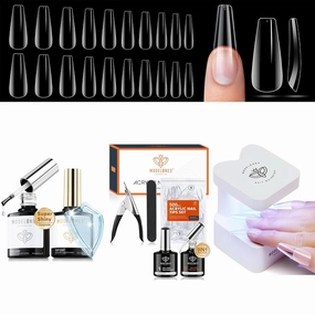 modelones500PCS 10 Sizes Long Coffin Gel Nail Tips& Gel Base and Top Coat Set, 9-in-One Glue Nail Dehydrator & Mini U V Light Clipper