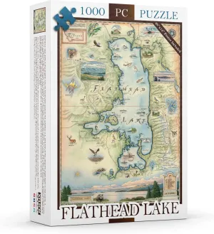 Montana's Flathead Lake Map Cardboard Jigsaw Puzzle - 1000 Pieces, Hand-Illustrated - Educational, Family Activity, Ages 7 , Includes Poster - 25.4 x 19.8