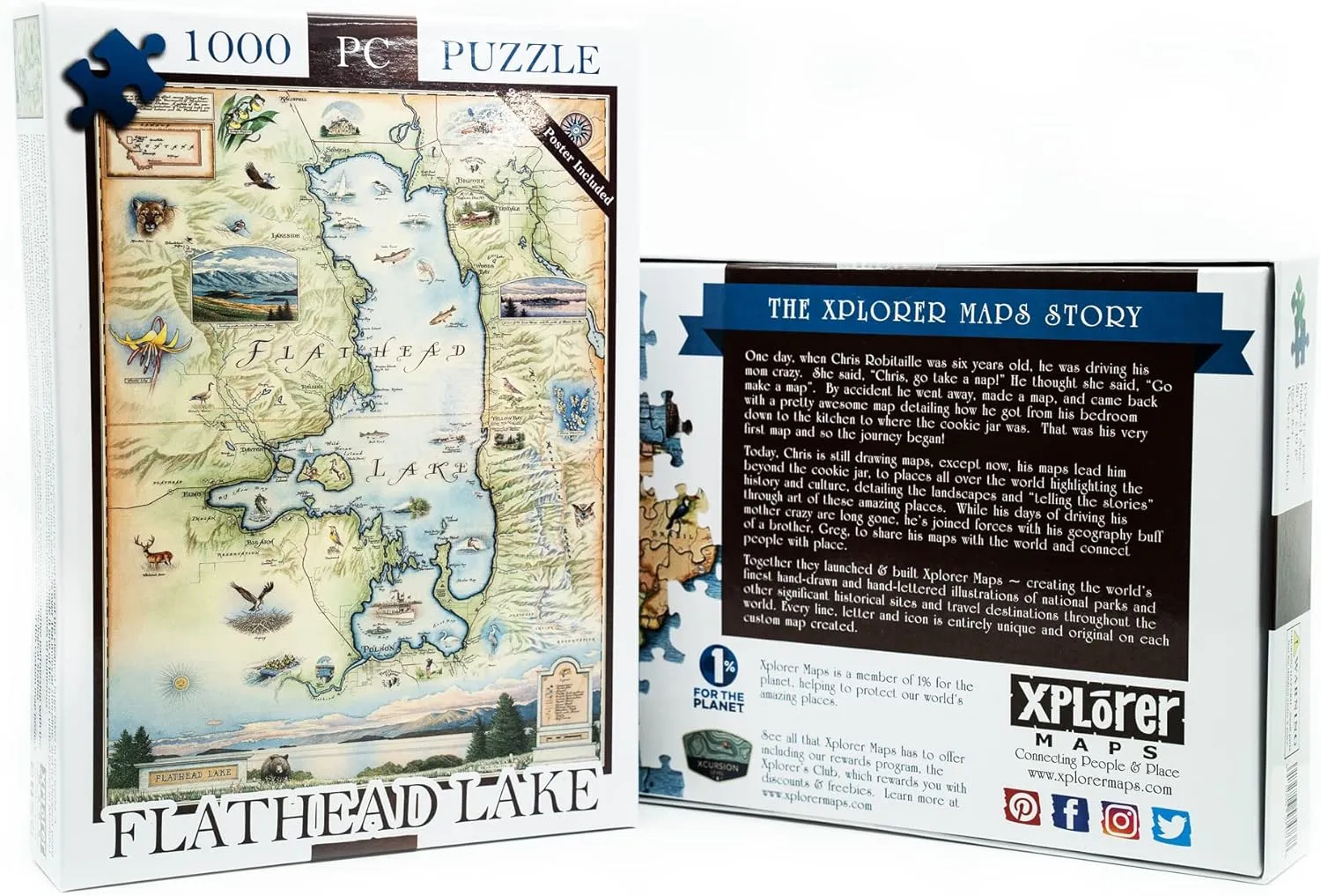 Montana's Flathead Lake Map Cardboard Jigsaw Puzzle - 1000 Pieces, Hand-Illustrated - Educational, Family Activity, Ages 7 , Includes Poster - 25.4 x 19.8