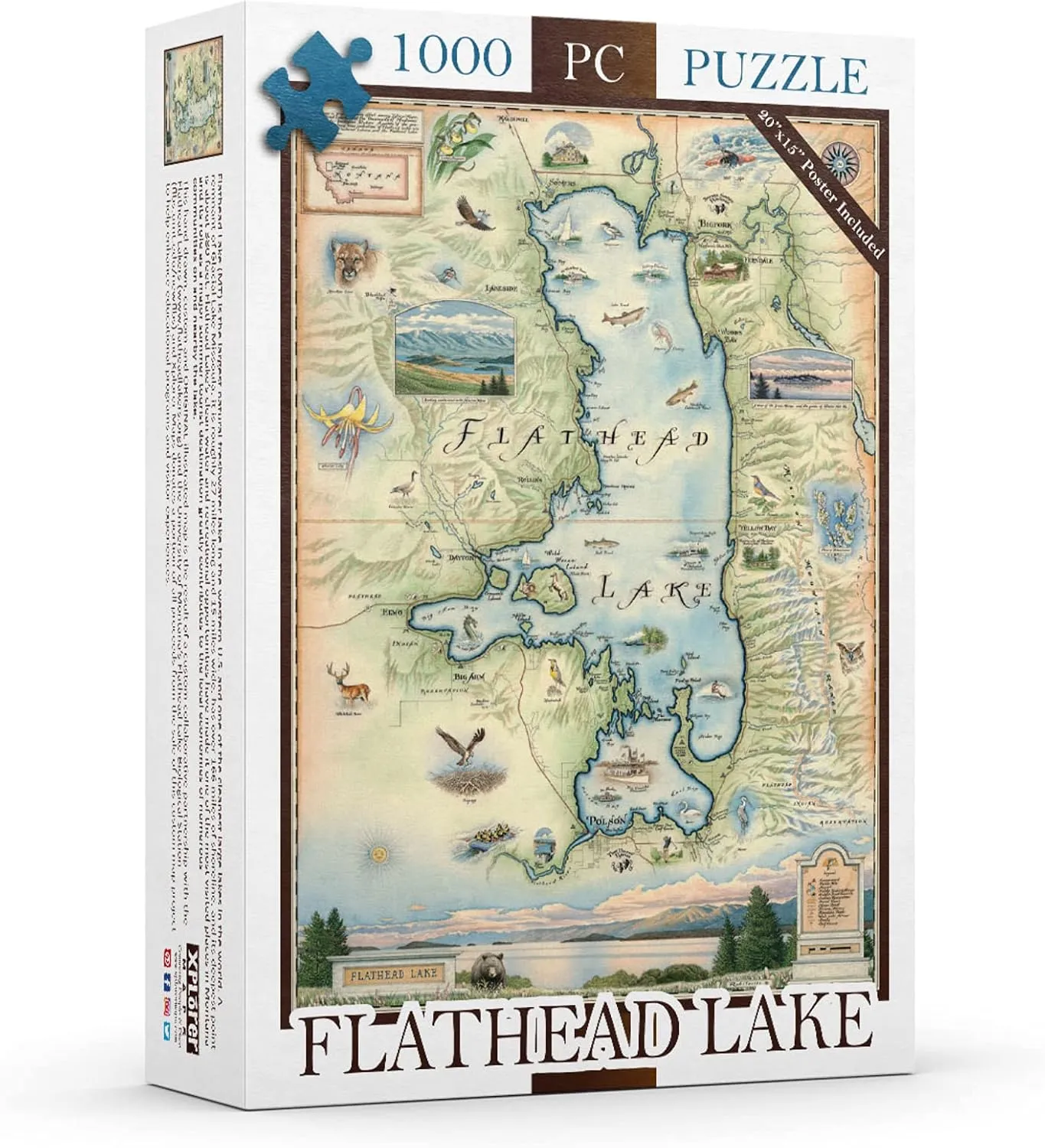 Montana's Flathead Lake Map Cardboard Jigsaw Puzzle - 1000 Pieces, Hand-Illustrated - Educational, Family Activity, Ages 7 , Includes Poster - 25.4 x 19.8