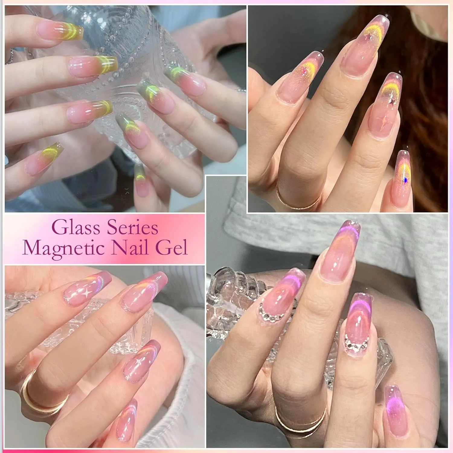 MTSSII Cat Eye Gel Nail Polish Glass Series Magnetic Nail Gel Rainbow Jelly Cateye Pink Purple Translucent UV/LED Nail Polish Nail Art Gifts Set for Women