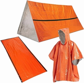 Multipurpose Outdoor Survival Kit: Rain Coat, Sleeping Bag, Tent - Heat-Reflective, Lightweight, Portable for Hiking, Camping