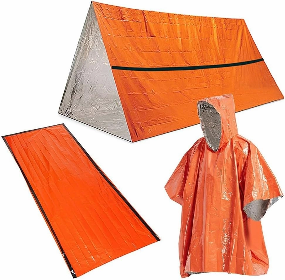 Multipurpose Outdoor Survival Kit: Rain Coat, Sleeping Bag, Tent - Heat-Reflective, Lightweight, Portable for Hiking, Camping