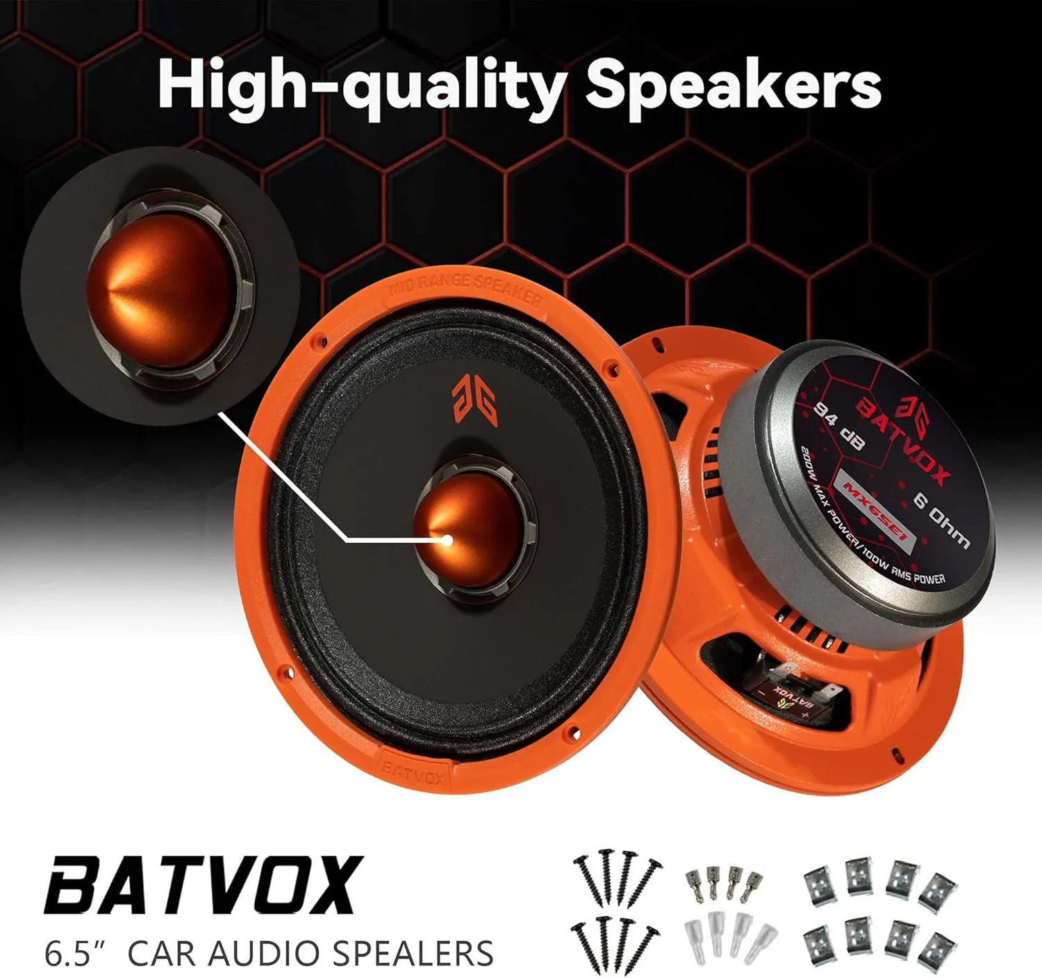 MX65E1 Loudspeaker 6.5 Inch Midrange 400 Watts 6 Ohms Orange Bullet, Premium Quality Audio Door Speakers for Car or Truck Stereo Sound System, Orange (2 Speakers)